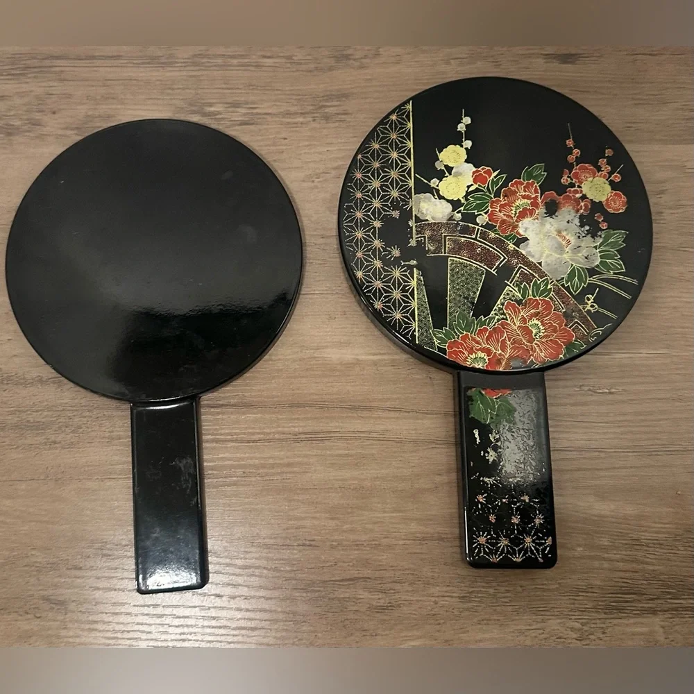 Vintage‎ Otagiri Nesting Floral Hand Mirror Handles Black Lacquer 6” Diameter.